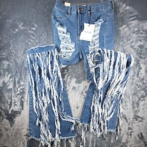 AP Blue Aphrodite Jeans Distressed Shredded Fringe High Rise Denim‎ Blue Size 11